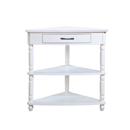 33.8 in Triangle Corner Table, 3-Tier Solid Wood Legs, Small Spaces, Milk White