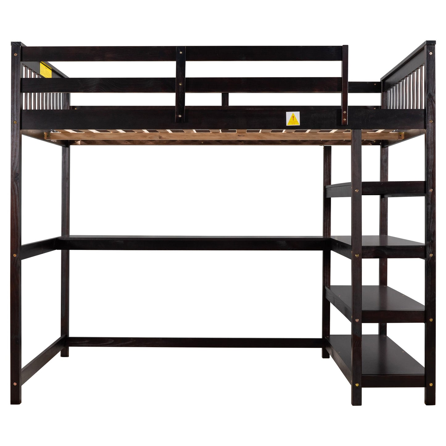 Espresso Full Size Loft Bed with Storage Shelves and Under-bed Desk, Solid Pi...