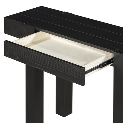 Rustic Console Table, Hidden Drawer, Side Power Outlet, Entryway Table, Black