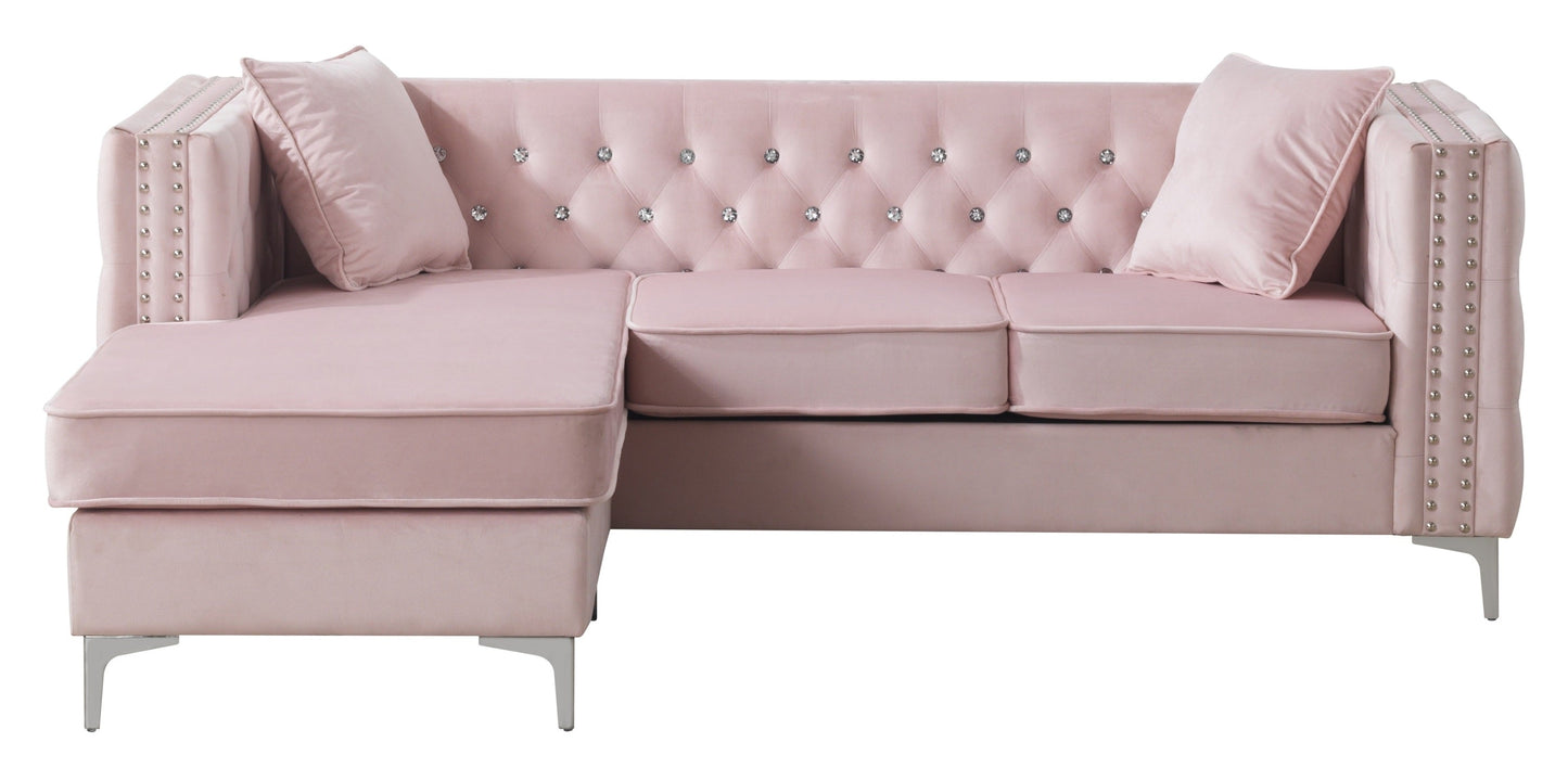 Sofa L-Shape Velvet Pink 3 Seat Tufted Chaise 87 In