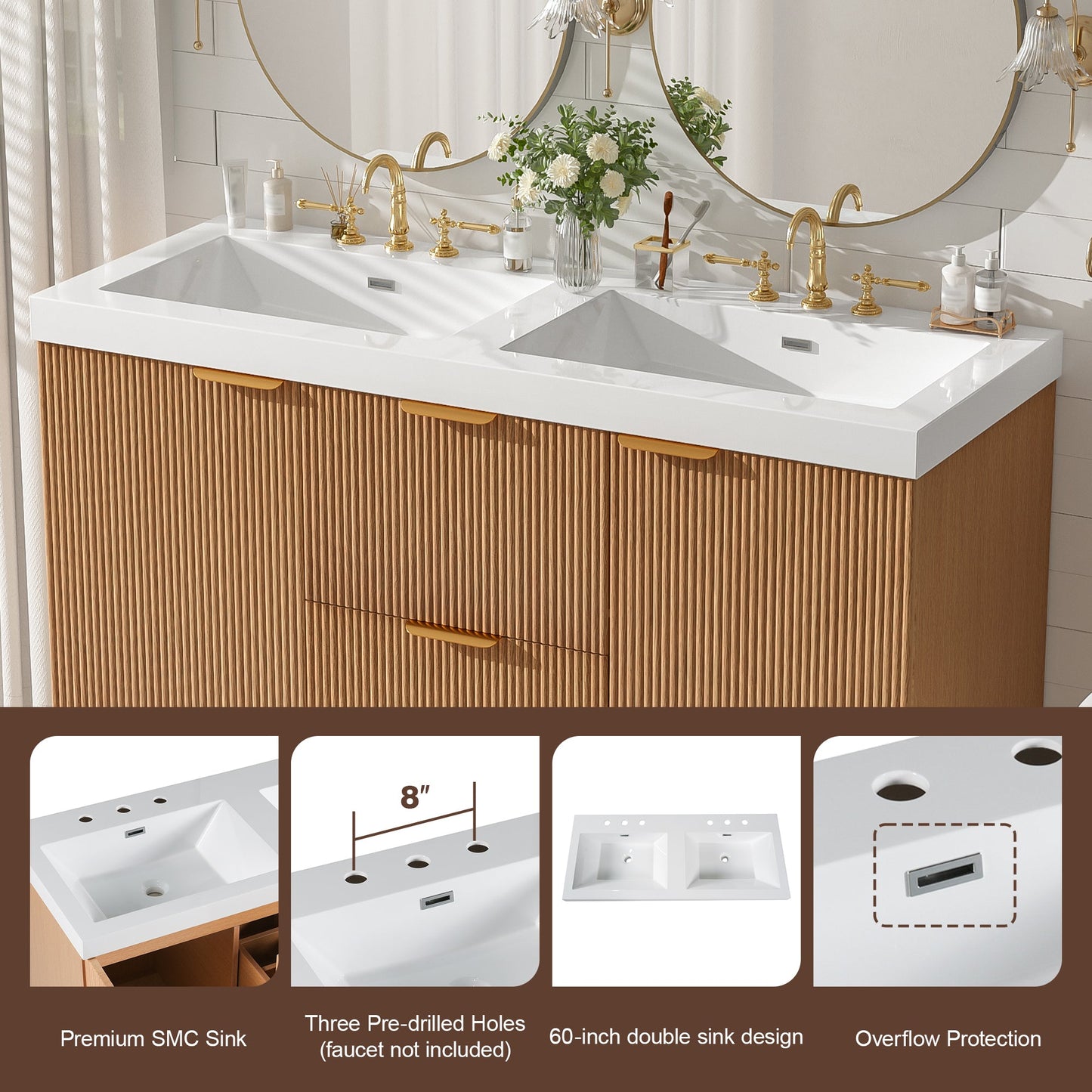 Modern 47.24 Inch Double Sink Bathroom Vanity with SMC Top, MDF Cabinet