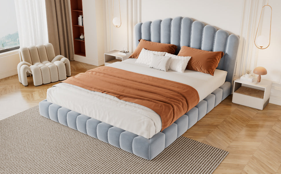 Velvet Upholstered Queen Bed Frame with Shell-Shaped Headboard, Light Blue