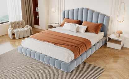 Velvet Upholstered Queen Bed Frame with Shell-Shaped Headboard, Light Blue