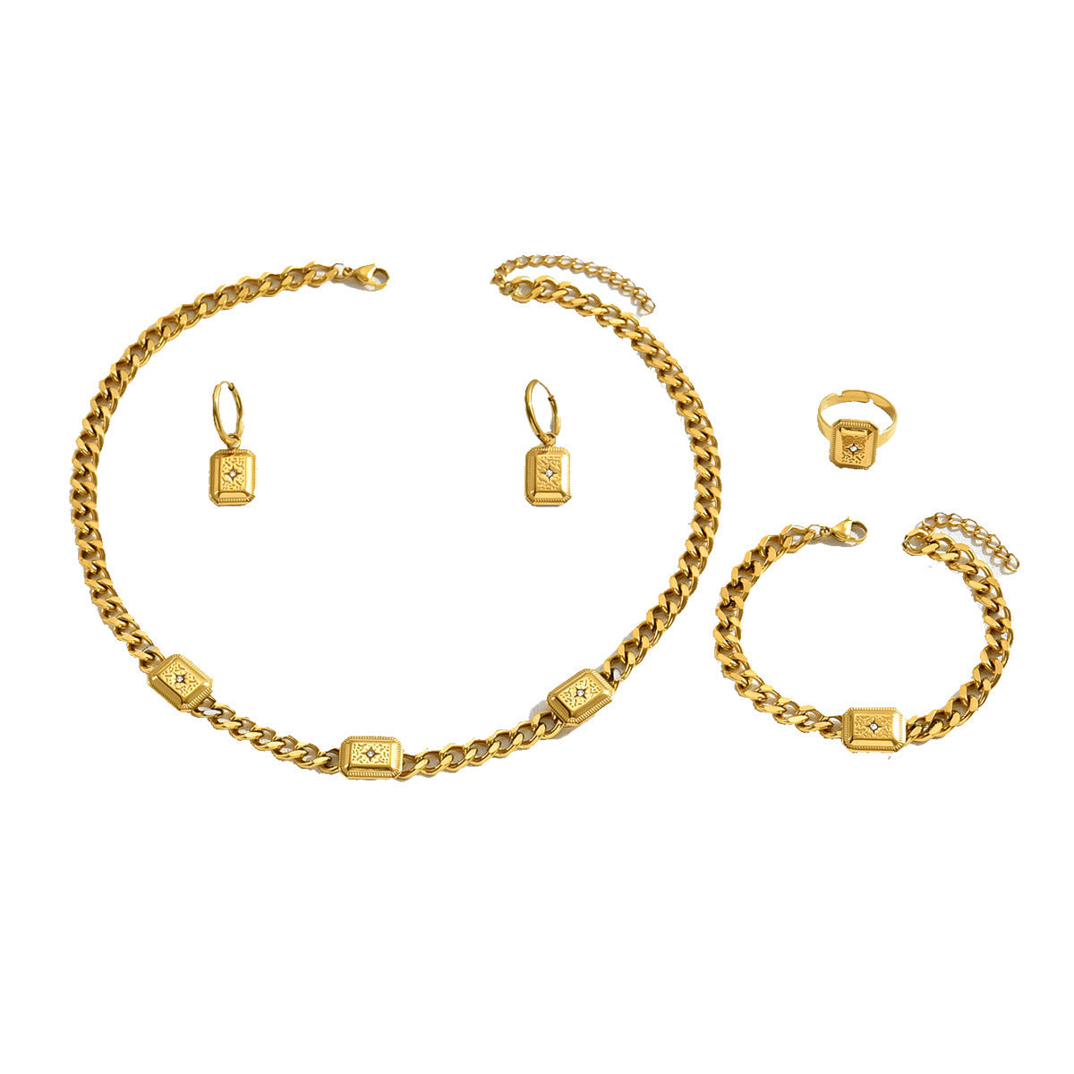 Ins Vintage Court Style Jewelry Set, Geometric Cubic Zirconia Inlaid Bracelet, Ring, Earrings & Versatile Niche Long Necklace For Women
