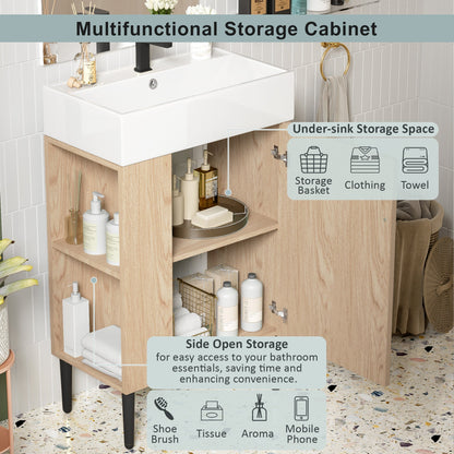 Modern Wood Bathroom Vanity with Ceramic Sink, Left Side Storage, 21.6' W x 1...