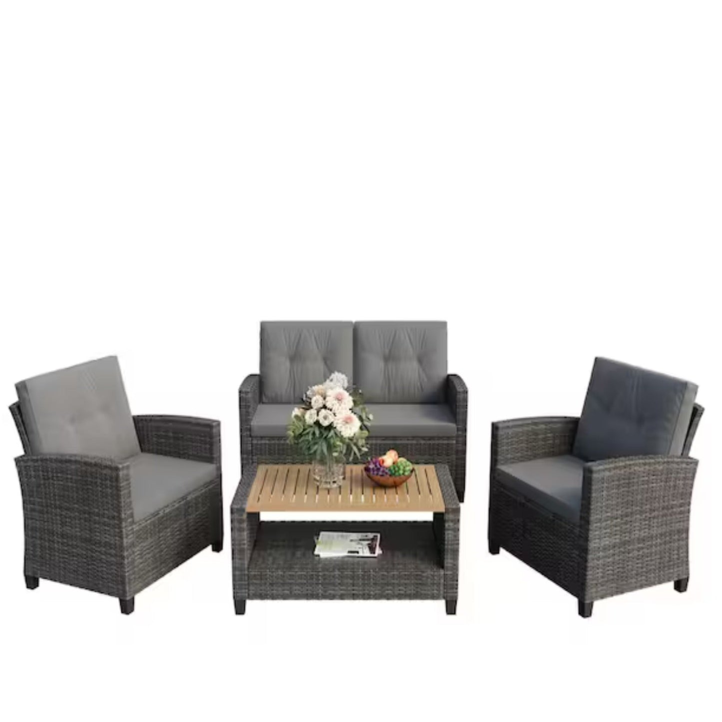Outdoor Patio Set PE Rattan Gray 4 Piece Loveseat Chairs Acacia Table