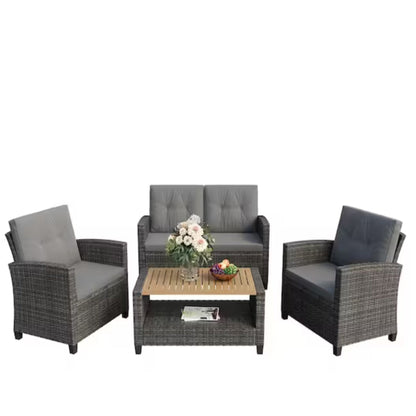 Outdoor Patio Set PE Rattan Gray 4 Piece Loveseat Chairs Acacia Table