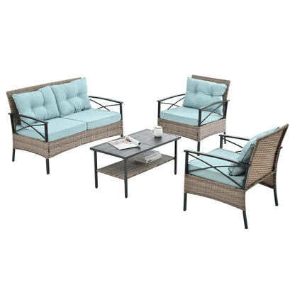 Outdoor Patio Set PE Rattan Brown 4 Piece Cushioned