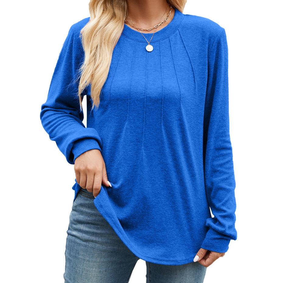 Solid-color Crew-neck Loose-fitting Long-sleeve T-shirt For Women