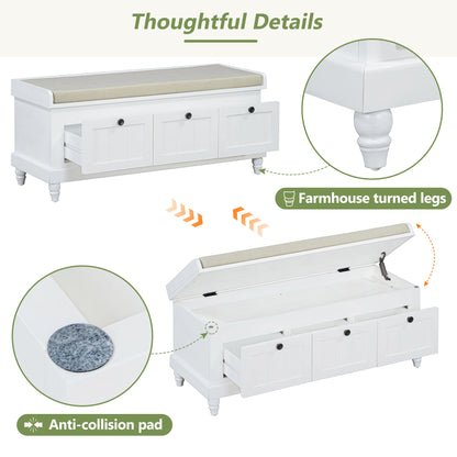 Entry Bench Fluted MDF White Cushioned Seat 3 Drawers 44x16x19