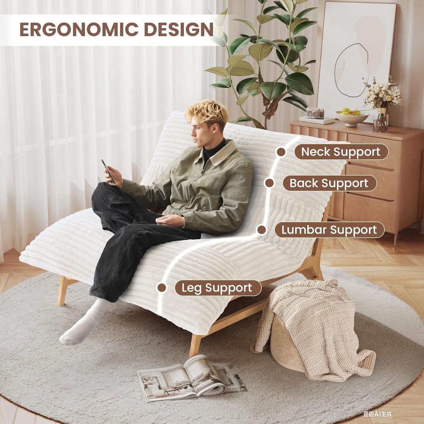 Modern 47.24 Inch Beige Oversized Chaise Lounge Chair