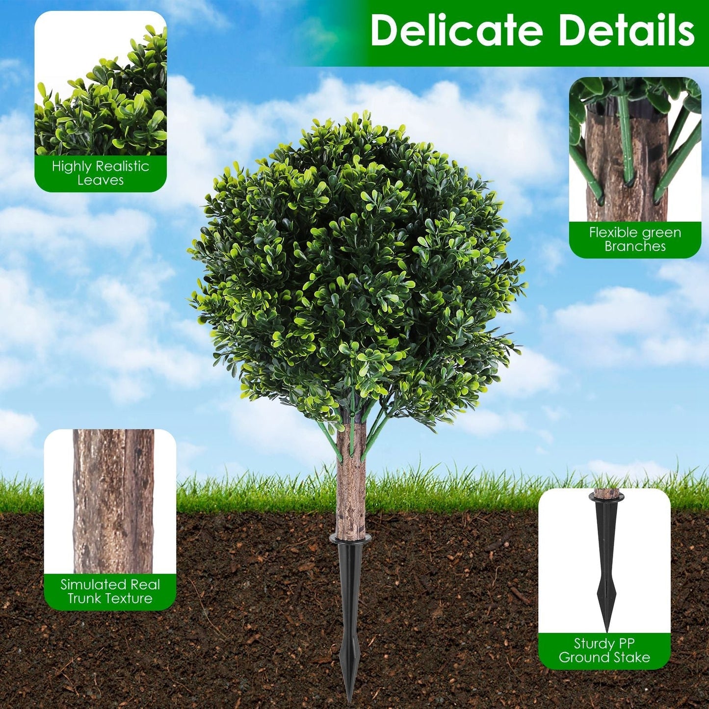 2PCS Artificial Boxwood Topiary Trees with Ground Spikes, UV Resistant
