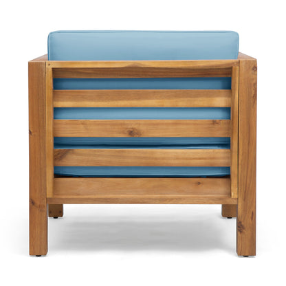 Outdoor Club Chair, Acacia Wood Patio Chair with Fabric Cushion, Teak Frame Blue Cushion