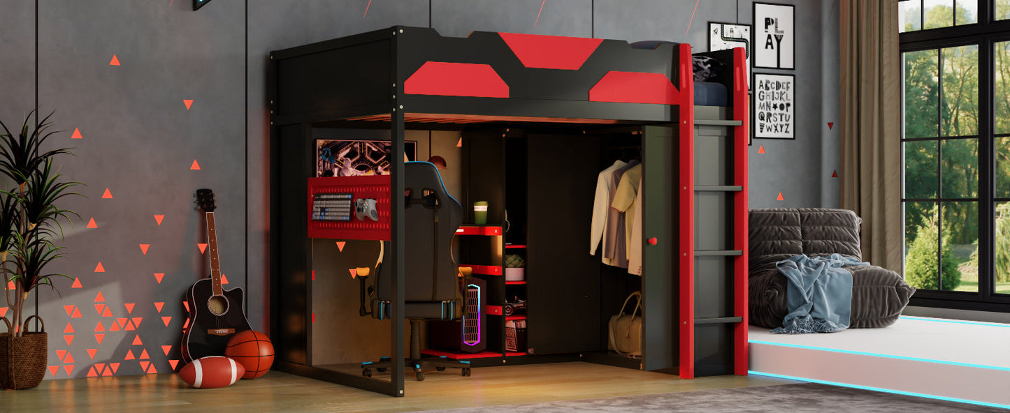 Full Size Wood Loft Bed with Desk, Multi-storage Shelves,USB and RGB Light, Red