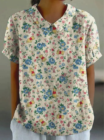 Stylish Digital-print Lapel Short-sleeve Shirt