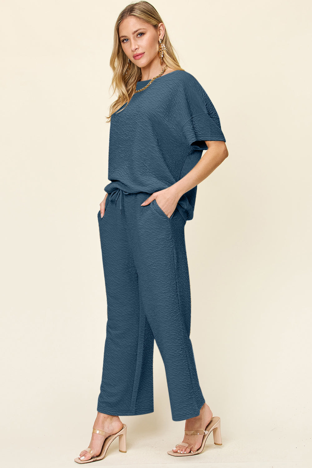 Textured Knit Short Sleeve Top and Pants Set