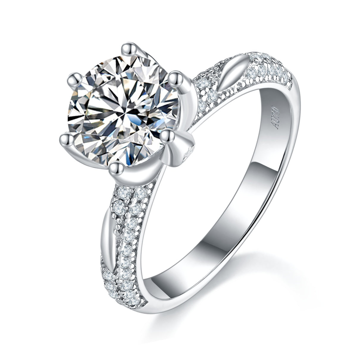 S925 Sterling Silver 2ct Round Moissanite Ring, 8mm D-VVS1 6-Prong Pave Band, Platinum Plated US Sizes 5-9, GRA Certificate Gift Box