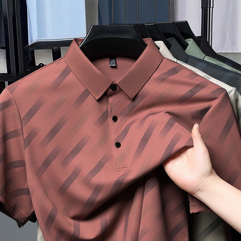 Mens Mid-age Lapel Short-sleeve T-shirt Top