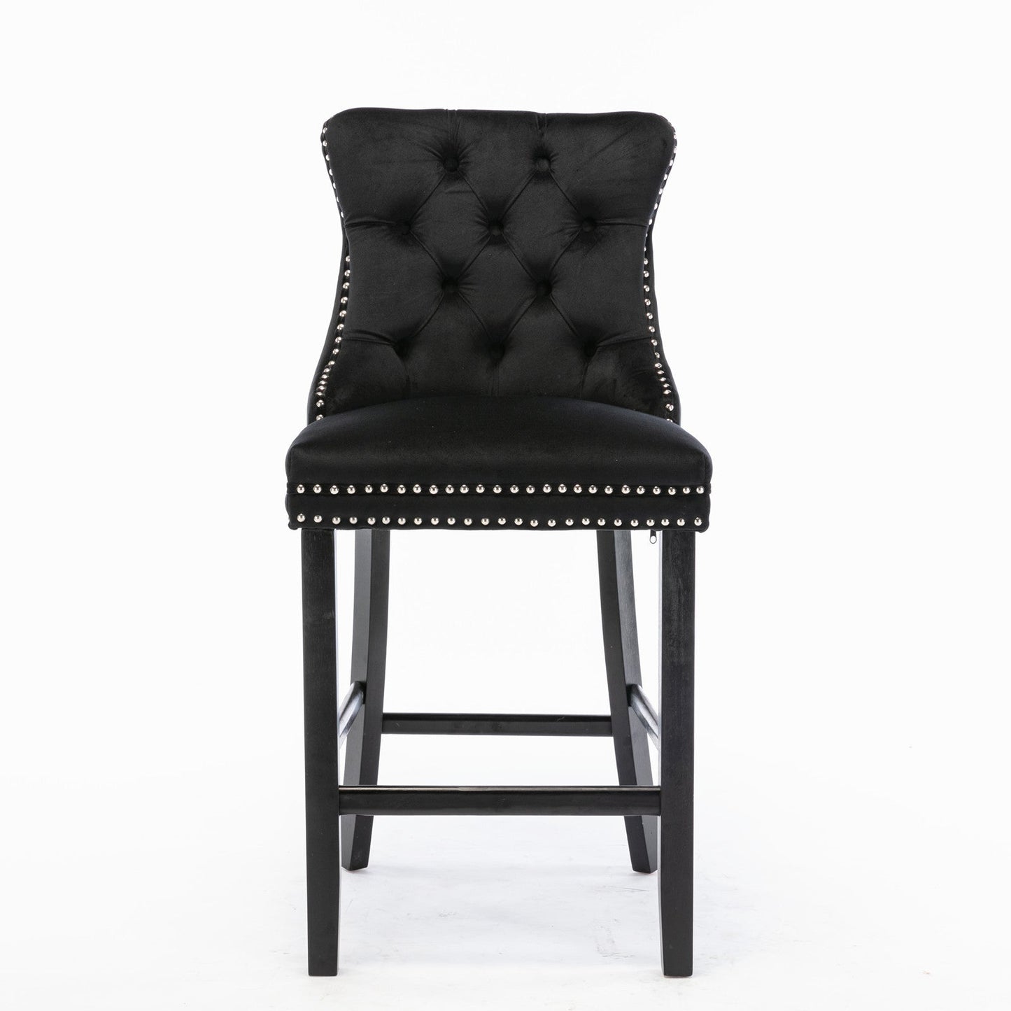 Contemporary Velvet Upholstered Barstools Button Tufted with Wood Legs, Set of 2, Black