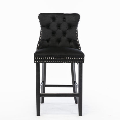 Contemporary Velvet Upholstered Barstools Button Tufted with Wood Legs, Set of 2, Black