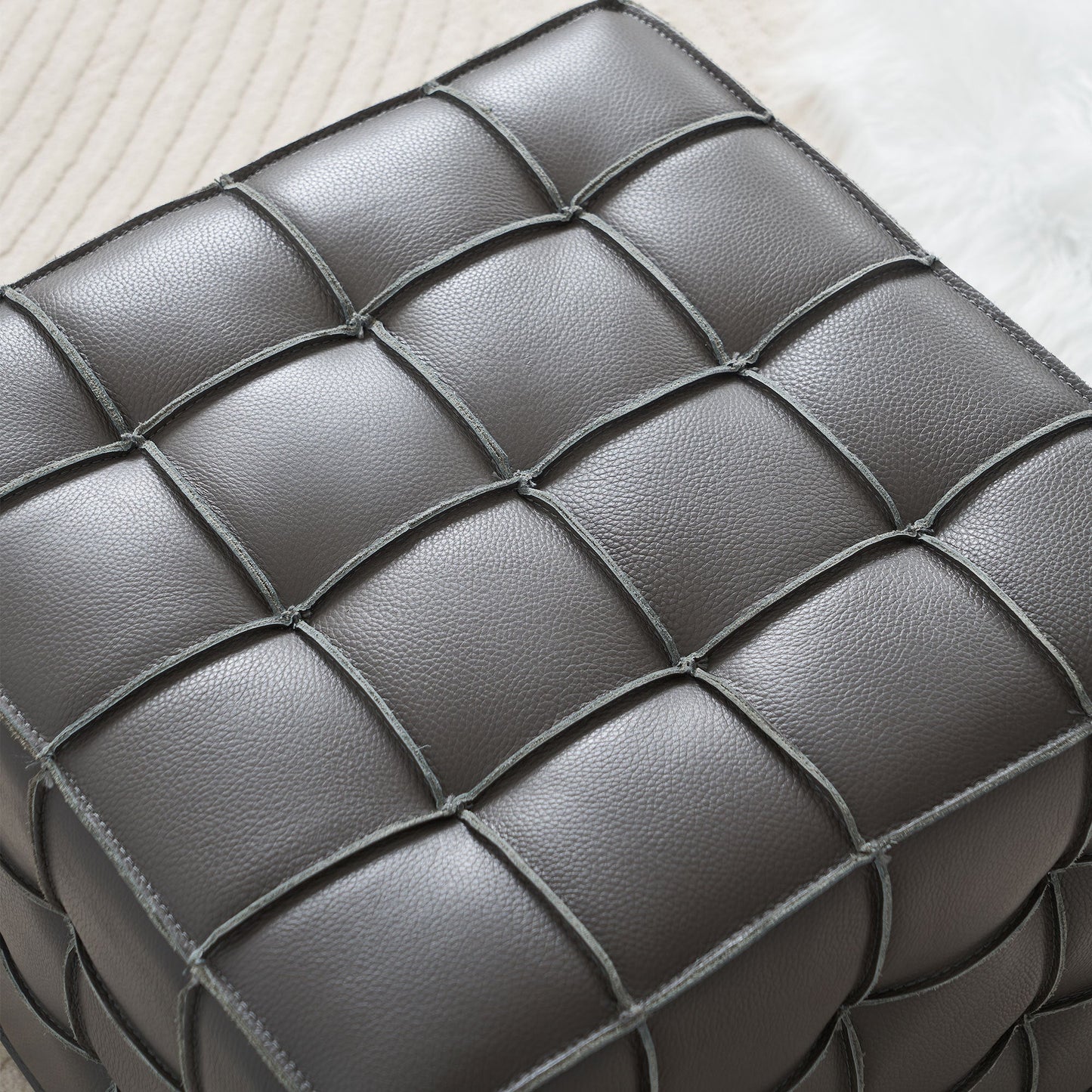 17.32 Inch Quality Leather Tufted Square Ottoman Footstool, Grey