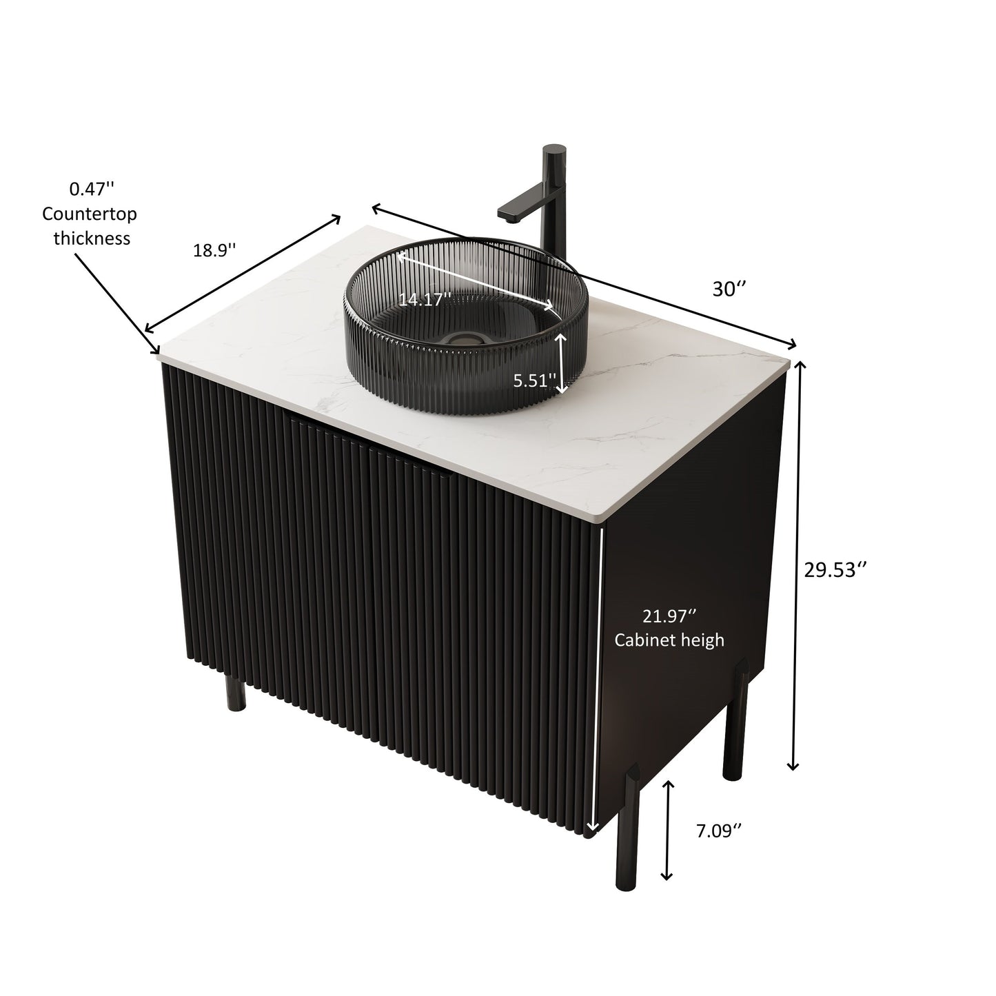 30' Bathroom Vanity with Sink, Freestanding Cabinet 2 Doors Black Glass Basin