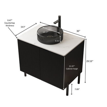 30' Bathroom Vanity with Sink, Freestanding Cabinet 2 Doors Black Glass Basin