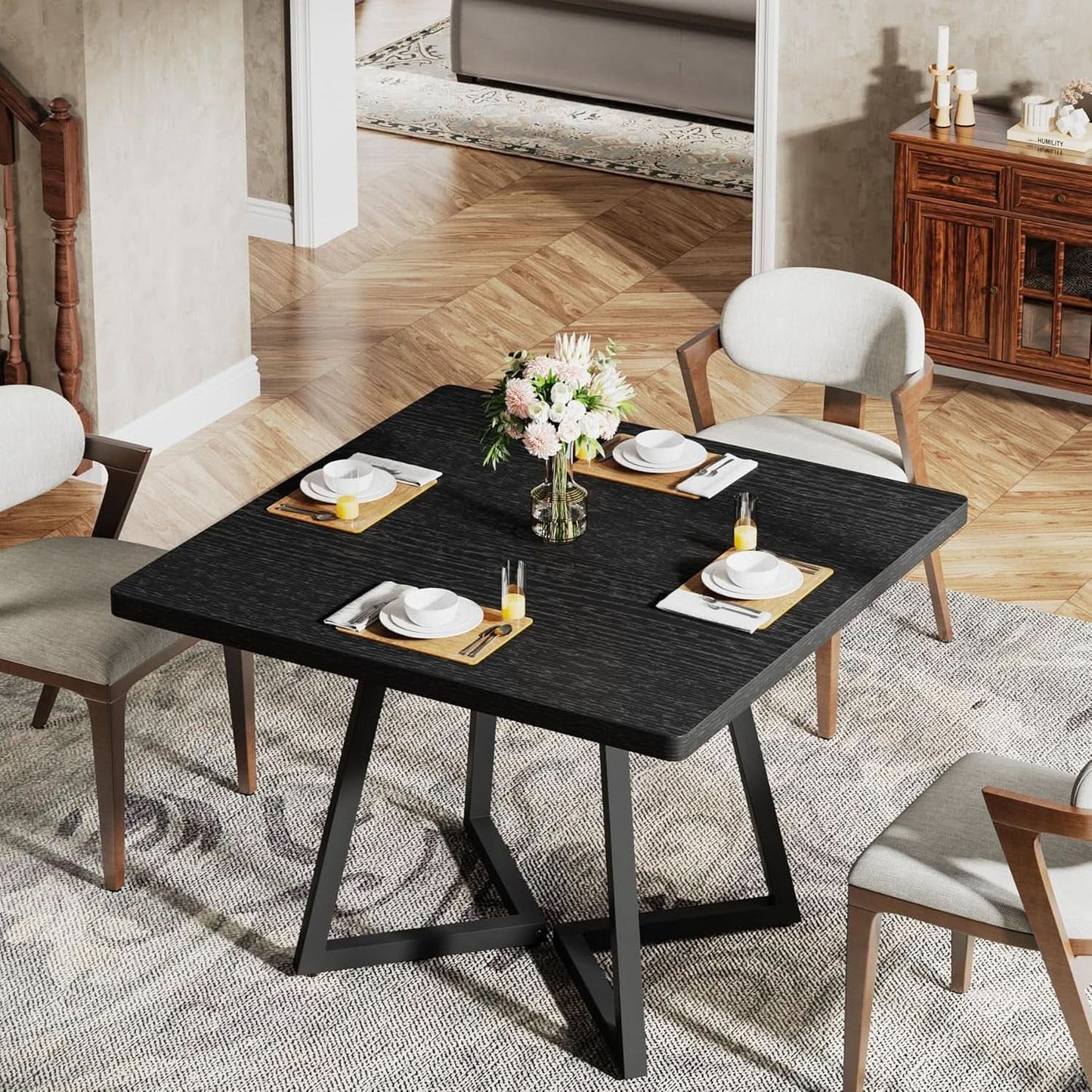 Square 31.5 Inch Industrial Dining Table Black Wood Panels