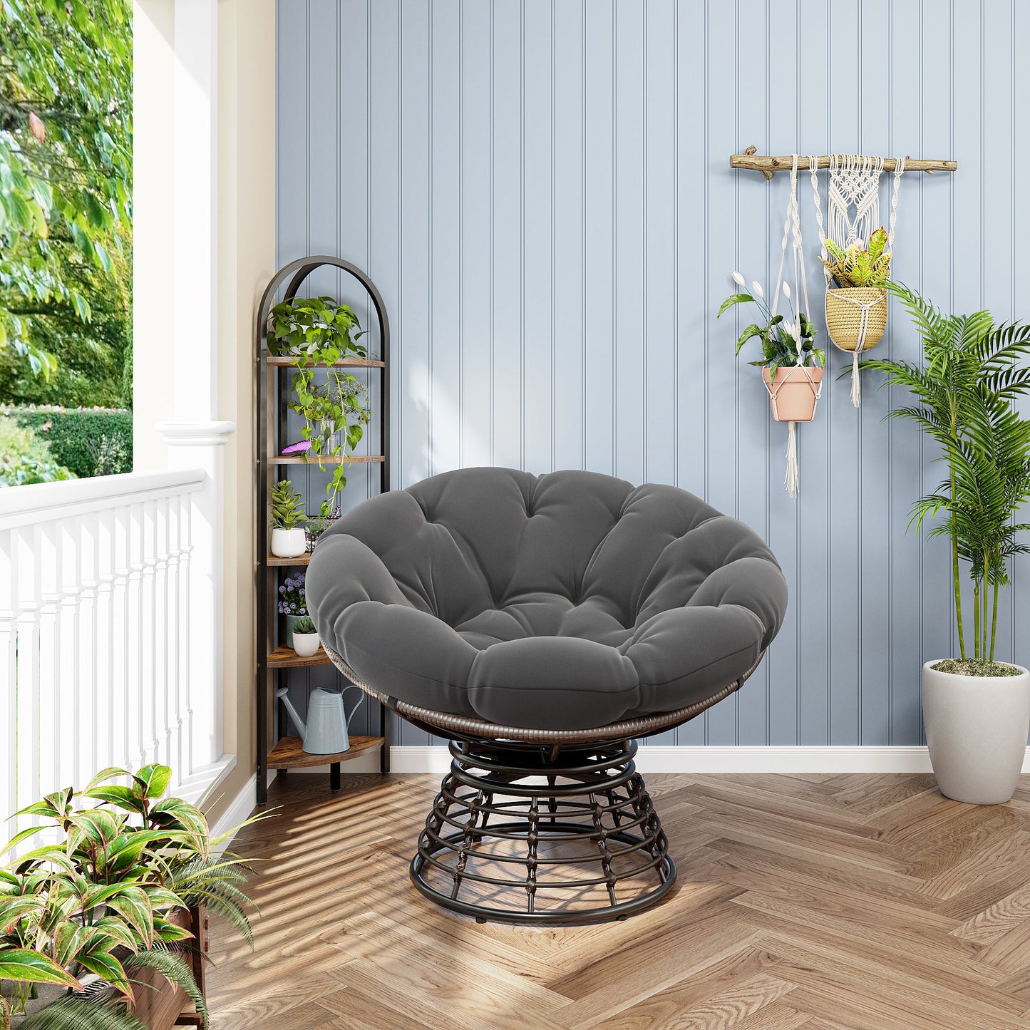 Comfortable Ergonomic Wicker Papasan Chair, 360° Swivel Indoor Outdoor Rattan