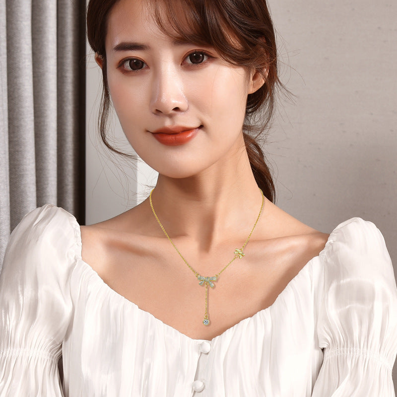 Dainty Pull Adjustable Sweater Chain For Women, Zircon Bow Y-Shape Tassel Long Necklace, Elegant Sweet Fashion Jewelry