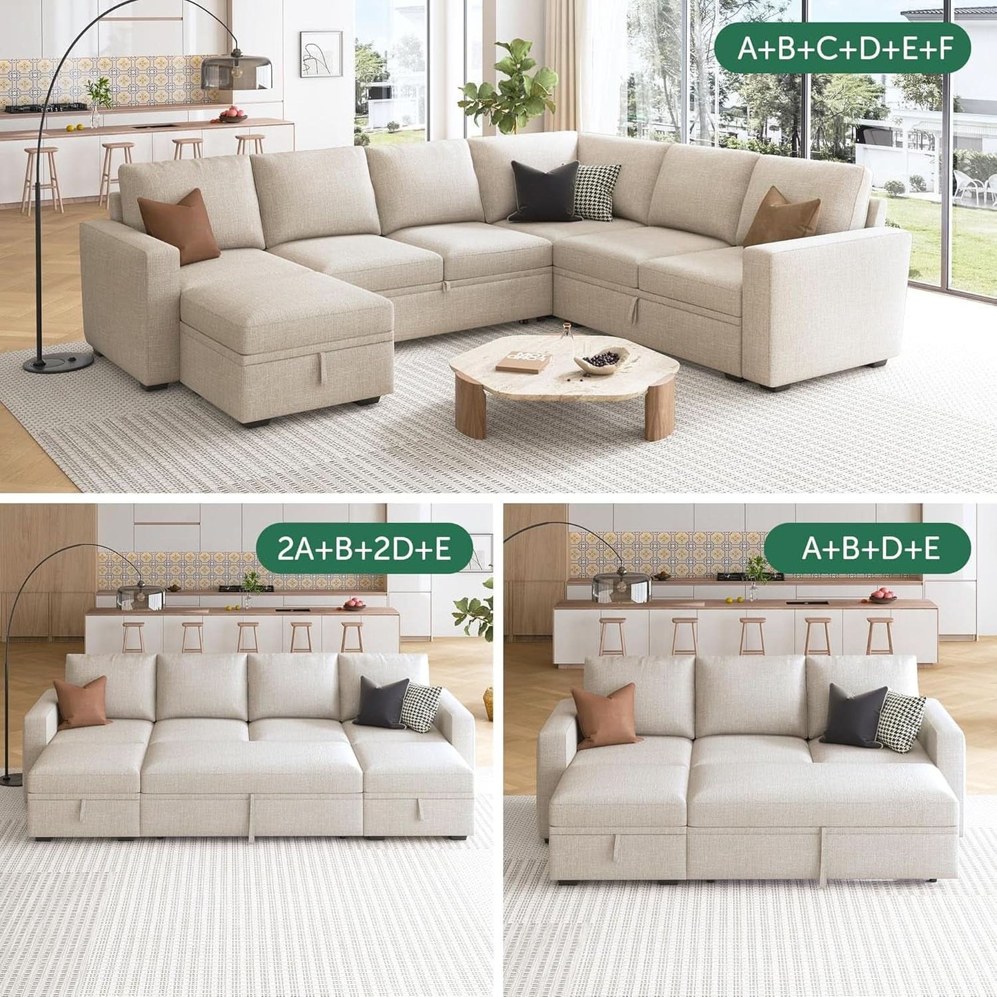 Beige Textured Storage Ottoman For Sectional Sleeper