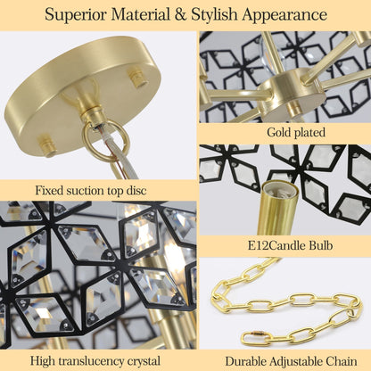 Chandelier Crystal Black Gold Round Pendant 5-Light Modern 19 In
