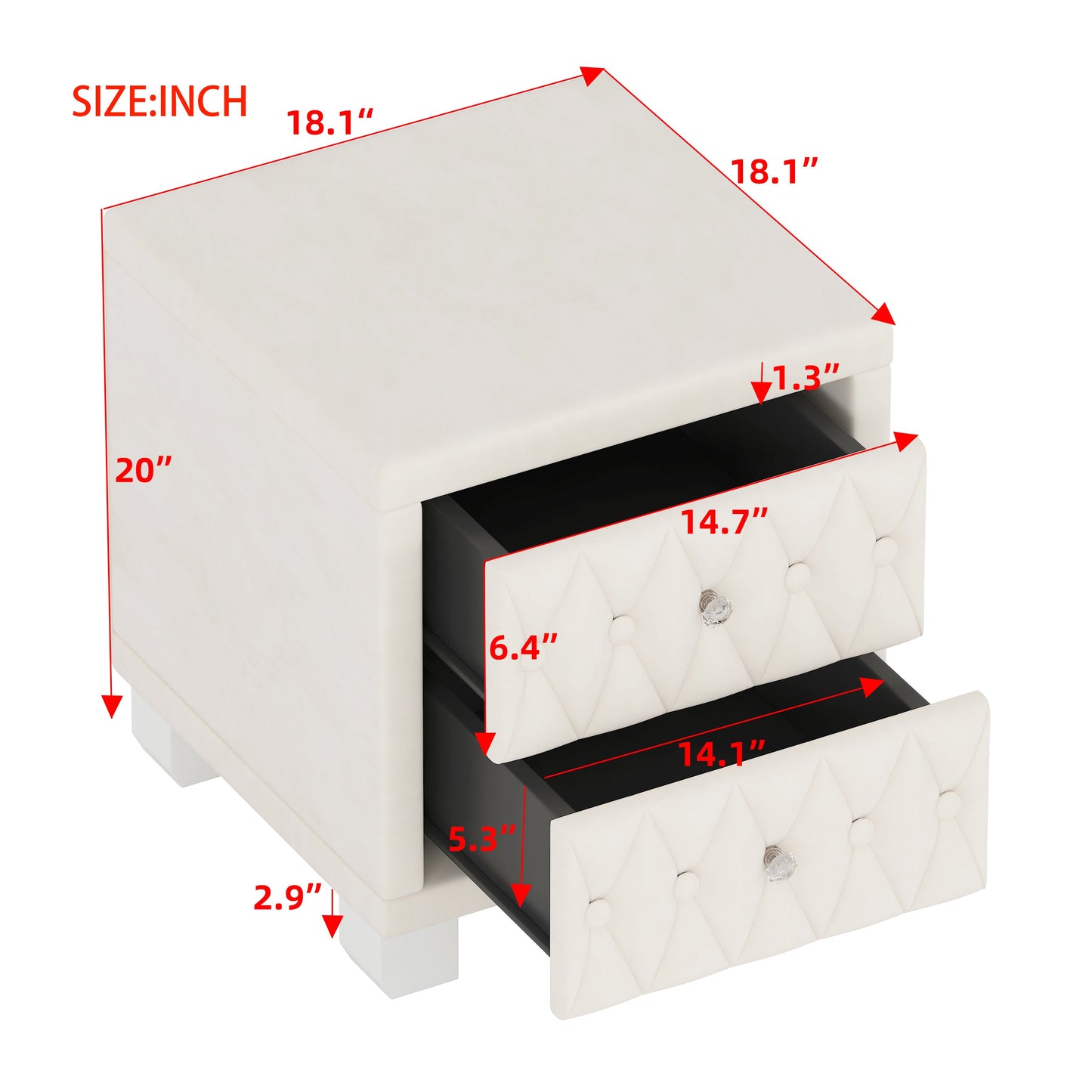 Velvet Nightstand with 2 Drawers, Crystal Handle, Button-Tufted, Beige