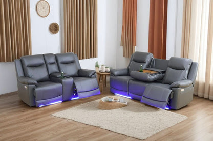 Power Leather Recliner Sofa Set Grey LED Lights Modern