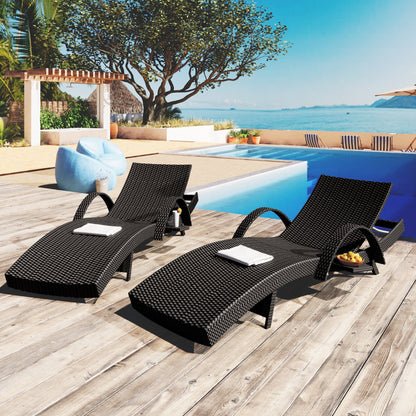 2-Piece Wicker Chaise Lounge Set w/ Pull-Out Table 5-Position 470lb