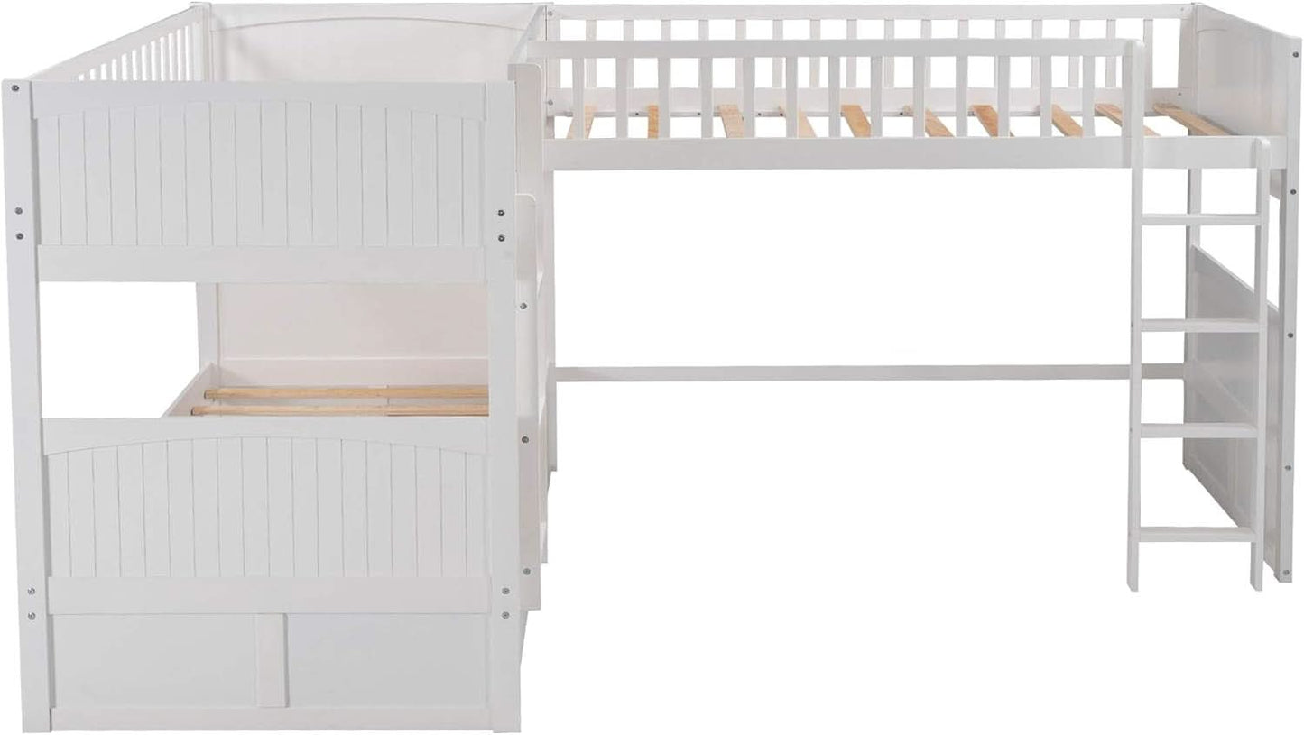 L Shaped Solid Wood Bunk Bed White Twin Over Twin Over Twin With 2 Drawers