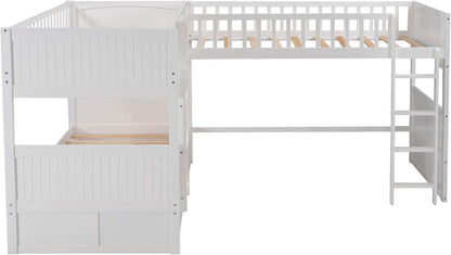 L Shaped Solid Wood Bunk Bed White Twin Over Twin Over Twin With 2 Drawers