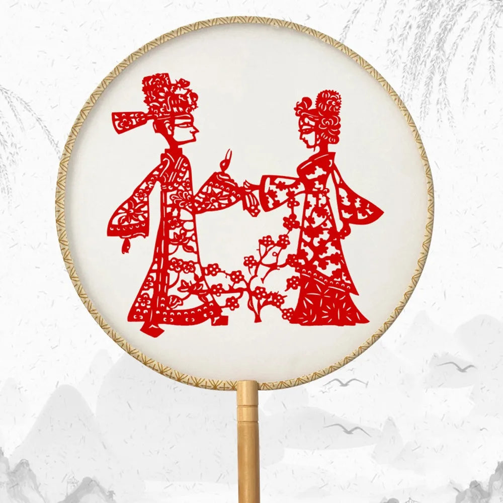 Chinese Paper-Cut Silk Round Hand Fan with Tassel