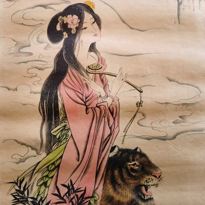 Chinese “Tiger Girl” Four‑Screen Calligraphy & Painting Scroll