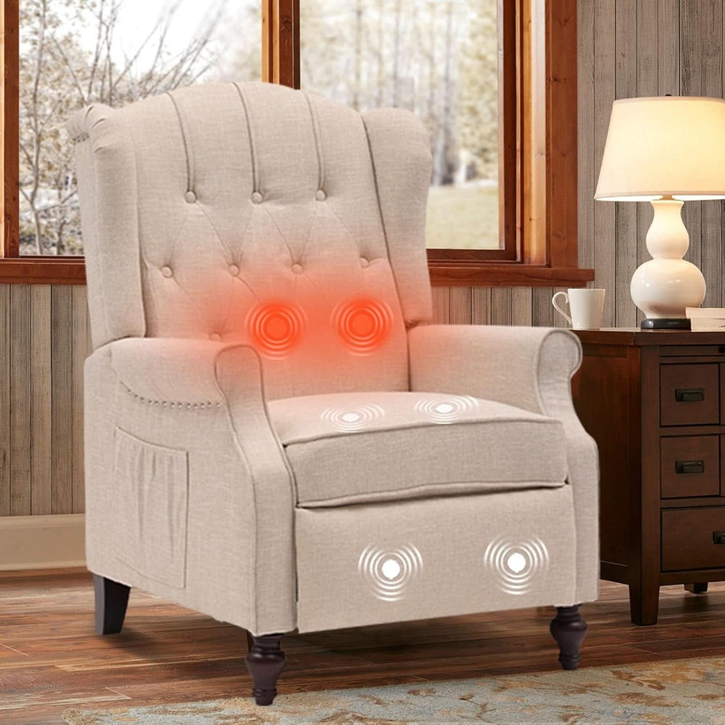Beige Wingback Pushback Recliner With Massage Heat