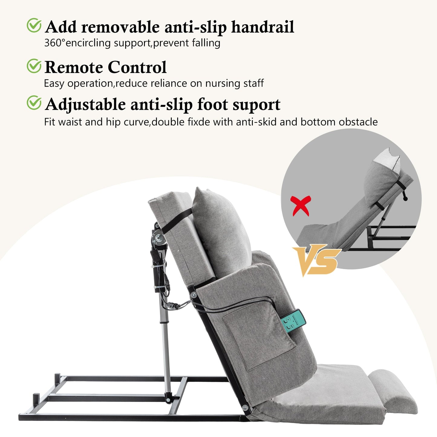 Bed Backrest Electric Adjustable 68 Degree Safety Rails Washable 300 LB