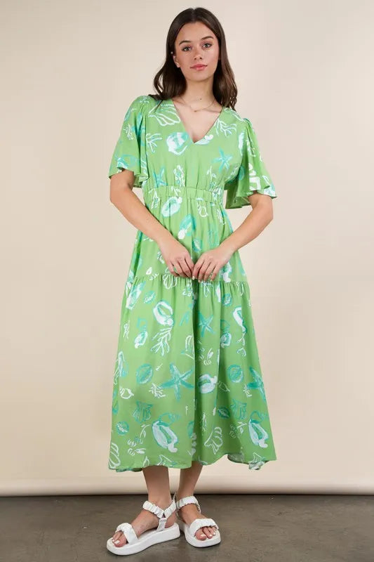 VERY J Printed V-Neck Resort Midi Dress