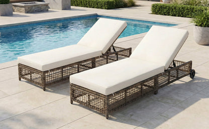 Outdoor Lounge Chair with 5-Position Backrest, Rattan Chaise Lounge in Beige