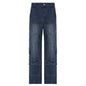 Women's Washed-out Vintage Dark Blue Denim Split Stitching Multi-pocket High Waist Straight All-matching Casual Pants