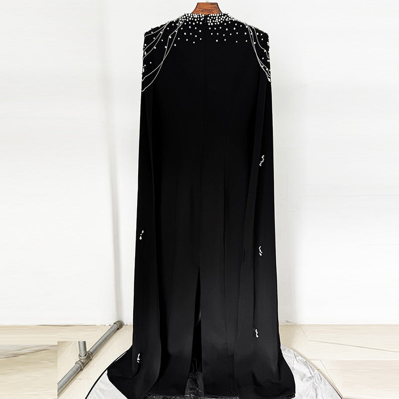 Beaded Lanyard Shawl Sleeve And Floor Long Dress