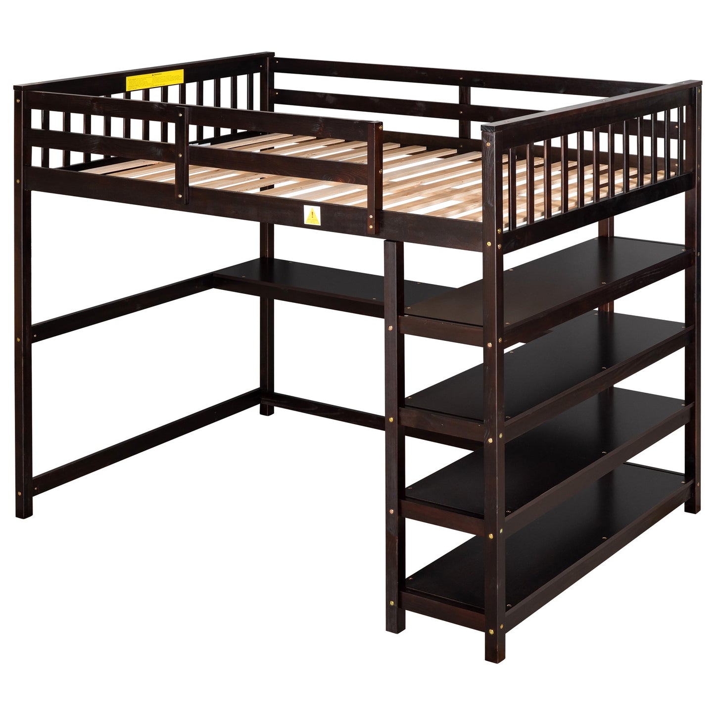 Espresso Full Size Loft Bed with Storage Shelves and Under-bed Desk, Solid Pi...
