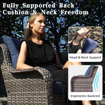 Outdoor Patio Set PE Rattan Swivel Chairs Gray Blue Footstools
