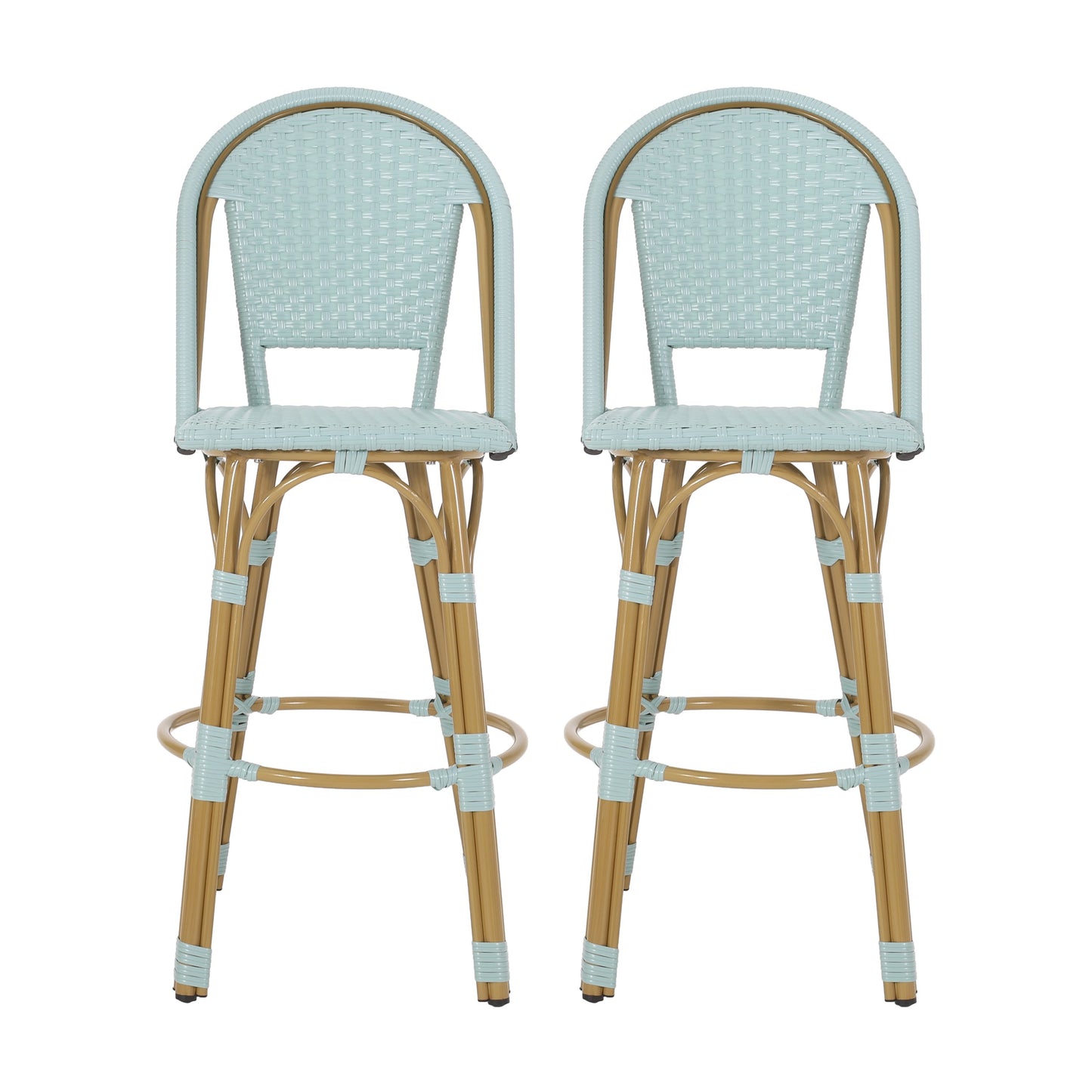 29.5 Inch Outdoor PE Rattan Aluminum French Barstools, Set of 2, Light Teal