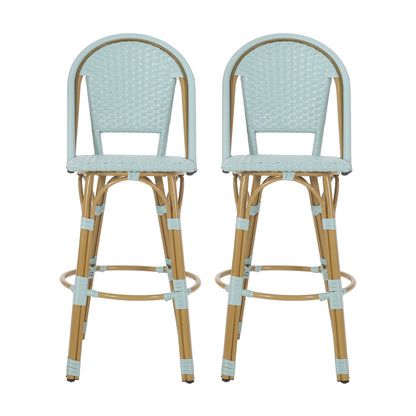 29.5 Inch Outdoor PE Rattan Aluminum French Barstools, Set of 2, Light Teal