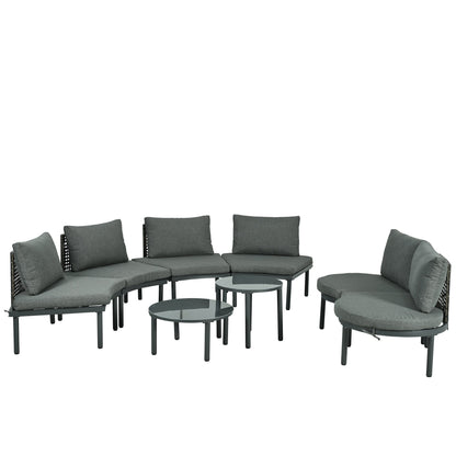 Outdoor Patio Set Half Moon Wicker Aluminum Gray 8 Piece 2 Tables